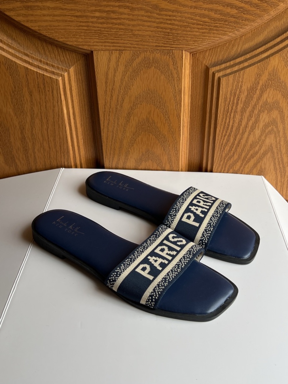 Nicole Miller Paris Slide Sandals – Navy Striped Logo, Peep Toe, Strappy Slip-On